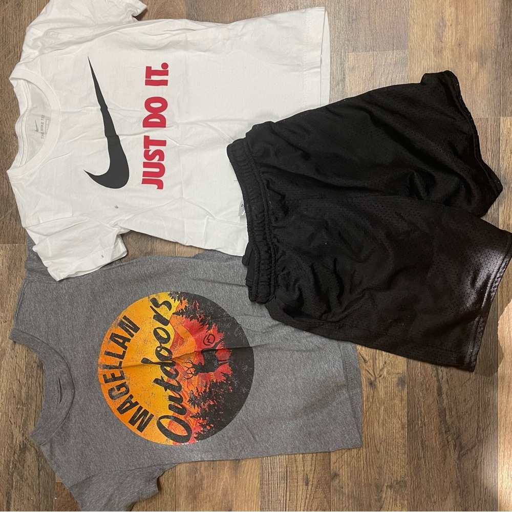 Boys Nike Just Do It T-Shirt and Magellan Outdoors Tee with Black Shorts